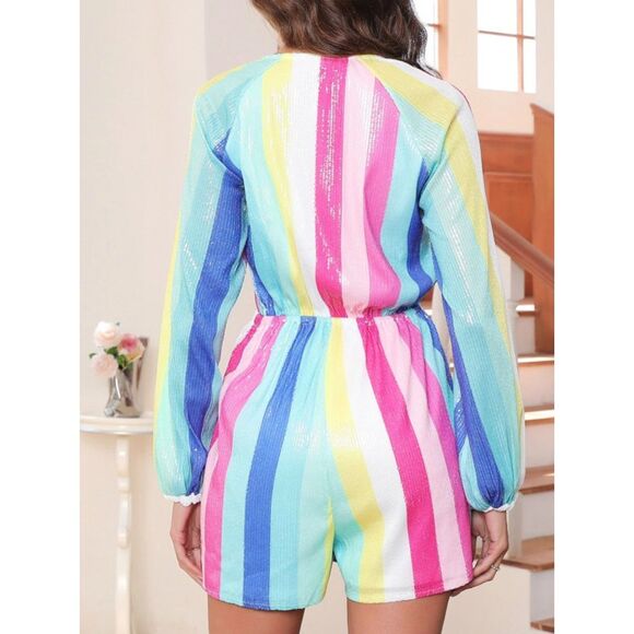Sparkly Sequined Multicolored Sz Large Lined Romper 1 pc Shorts Outfit NEW NWOT - Picture 3 of 7
